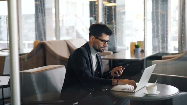A businessman multitasking with laptop and phone in a stylish café setting.