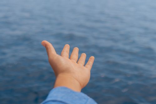 Free Hand reaching out towards the calm ocean, capturing a moment of connection with nature. Stock Photo