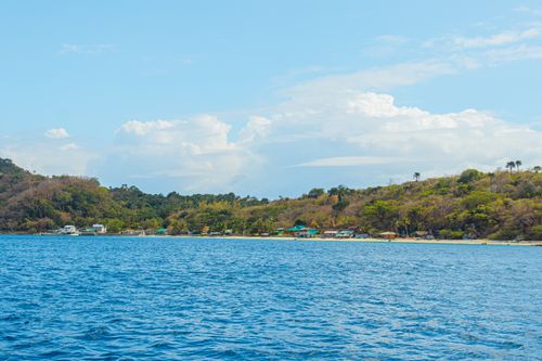 Free Scenic tropical coastline with lush greenery meeting clear ocean waters under a bright blue sky. Stock Photo