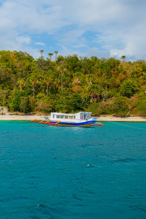 A boat is floating in the water near a beach