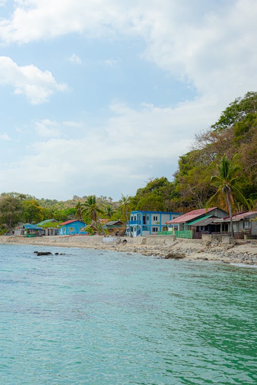 A beach with blue houses and trees on the shore