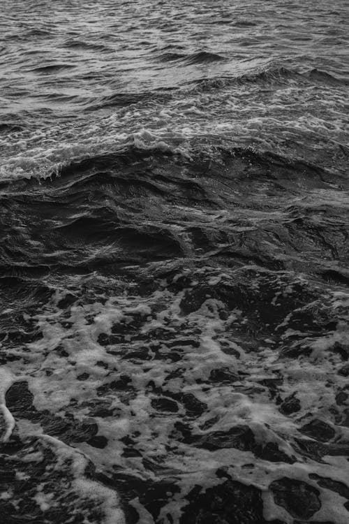 Black and white photograph of waves crashing on the shore