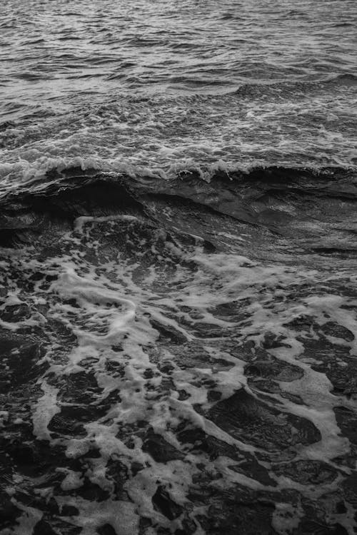 Black and white photograph of waves crashing on the shore