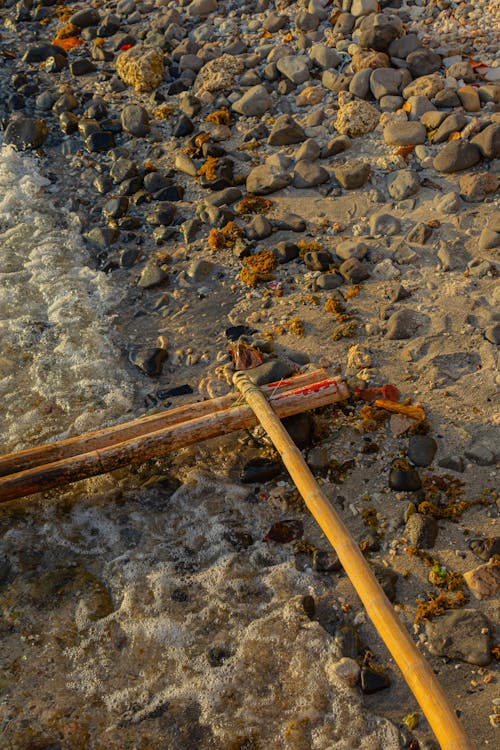 A boat with a paddle on the beach