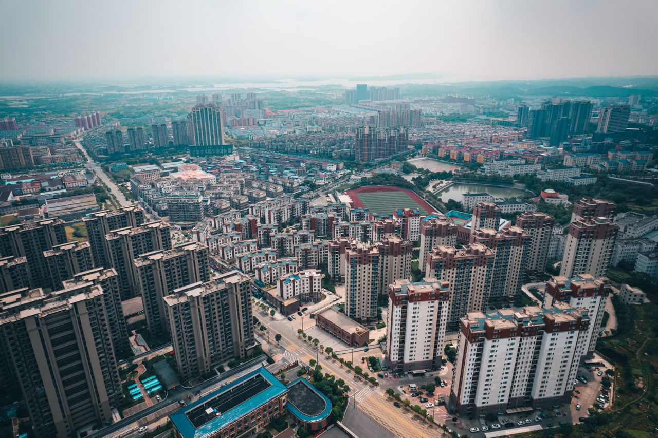 drone shot showcasing the urban landscape of jiujiang jiangxi china fr