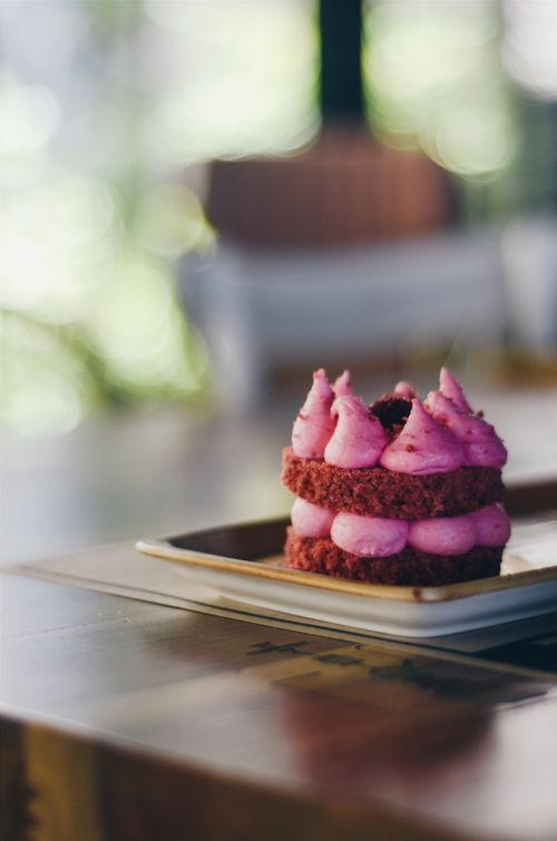 Free Indulge in a delectable red velvet mini cake topped with creamy pink frosting, perfect for dessert lovers. Stock Photo