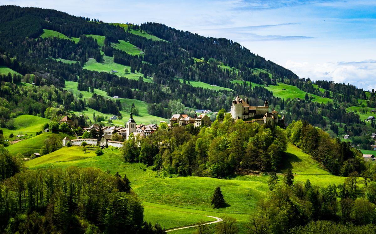Castelul Gruyeres vazut din aer, in peisaj verde