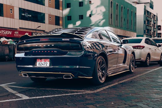 Luxury Dodge Charger parked in an urban Abu Dhabi setting, showcasing wealth and style.