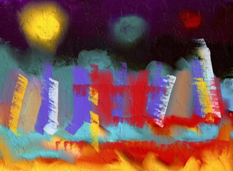 Abstract cityscape painting with vibrant colors and blurred shapes, evoking a lively city at night.