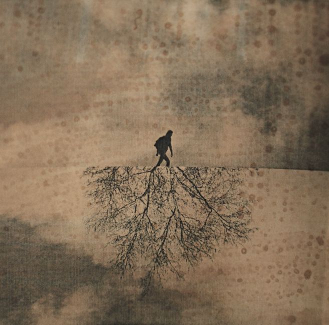 Artistic silhouette of a person walking on a path reflected as a bare tree.