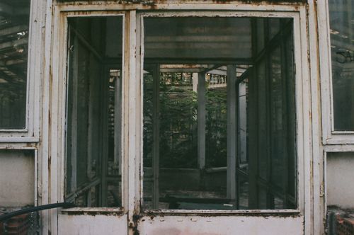 Free A decaying greenhouse entrance with rusty frames and overgrown plants visible inside. Stock Photo