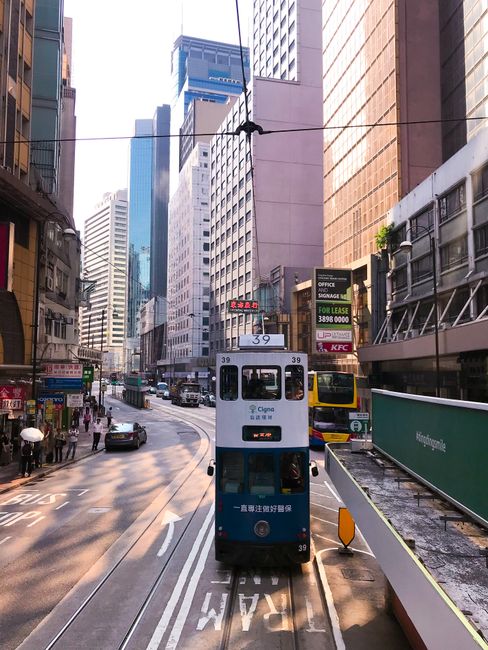 Urban scene with tram and skyscrapers; city life and public transport.
