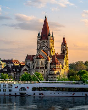 Scenic view of St. Francis of Assisi Church by the river at sunset in Vienna, Austria. by Pierre Blaché