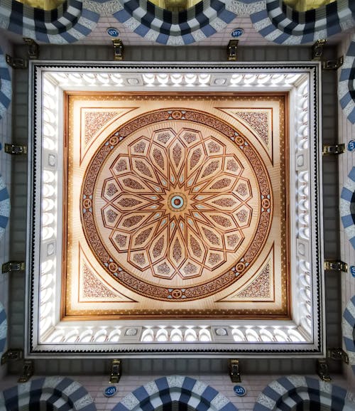 The ceiling of a mosque with a circular design