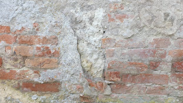 Close-up of a textured brick and plaster wall showing weathered surfaces and cracks.