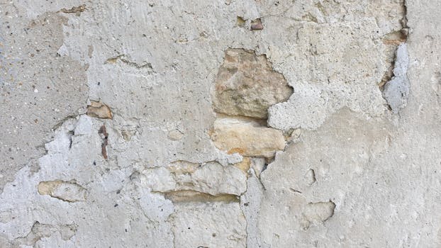 Close-up of a weathered concrete wall revealing underlying stone textures and cracks.