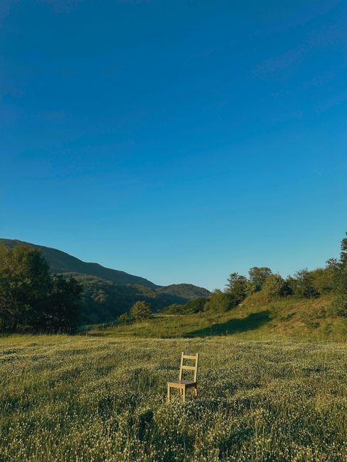 A solitary chair stands in a lush green meadow beneath a clear blue sky, evoking tranquility.