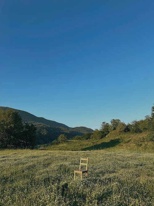 Free A Single Chair On a Meadow Under a Clear Blue Sky Stock Photo