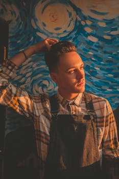 一位时尚男士在温暖的灯光下，对着充满活力的梵高风格壁画摆姿势