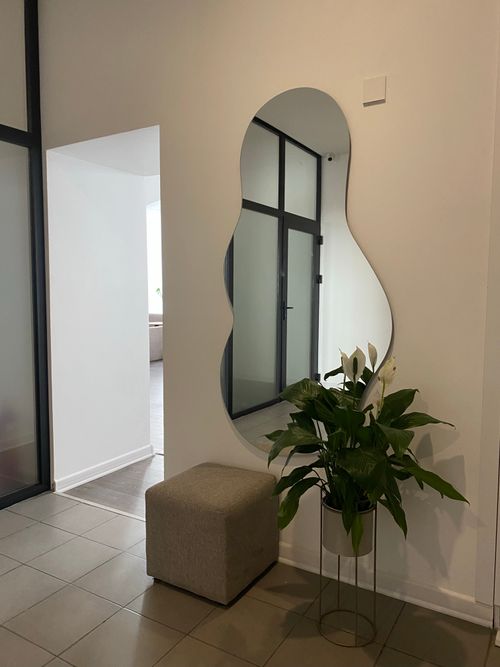 Free Stylish modern interior in Baku featuring a unique mirror and indoor plant decor. Stock Photo
