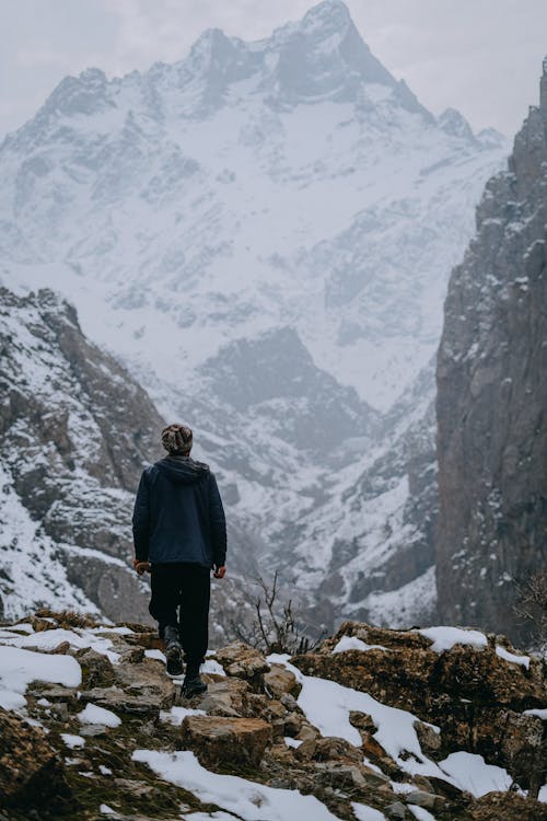 Man Walking in Mountains in Winter