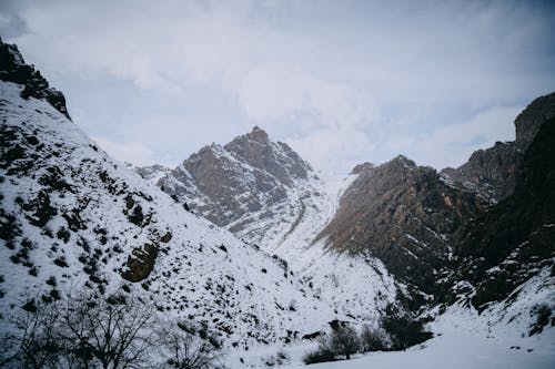 A snowy mountain range with snow on the ground