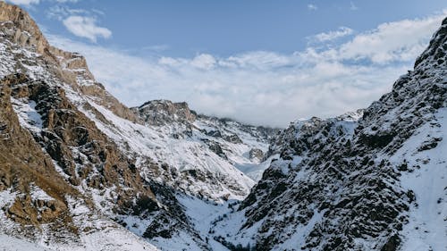 A view of a snowy mountain range with a river