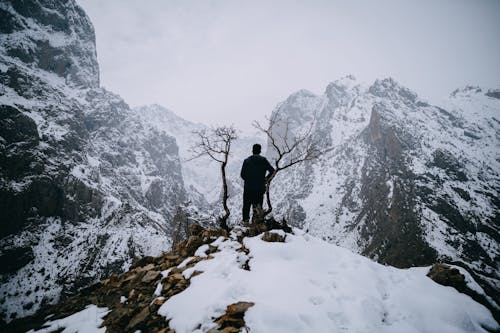 A man standing on top of a mountain with snow