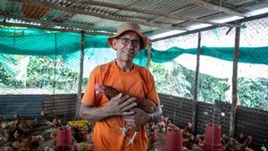 Team member holding a chicken
