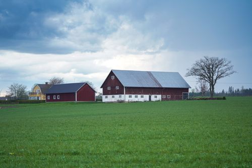 Free A serene rural scene of barns on a green field beneath a cloudy sky. Stock Photo