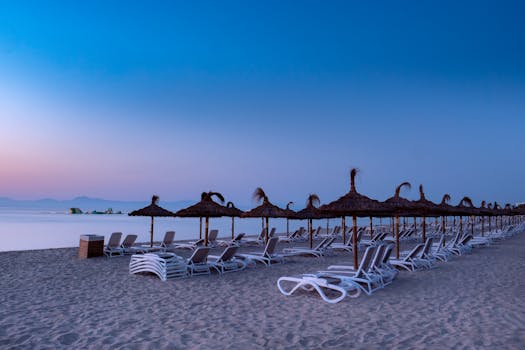 A tranquil beach scene at dawn featuring lounge chairs and palm grass umbrellas on a sandy shore.