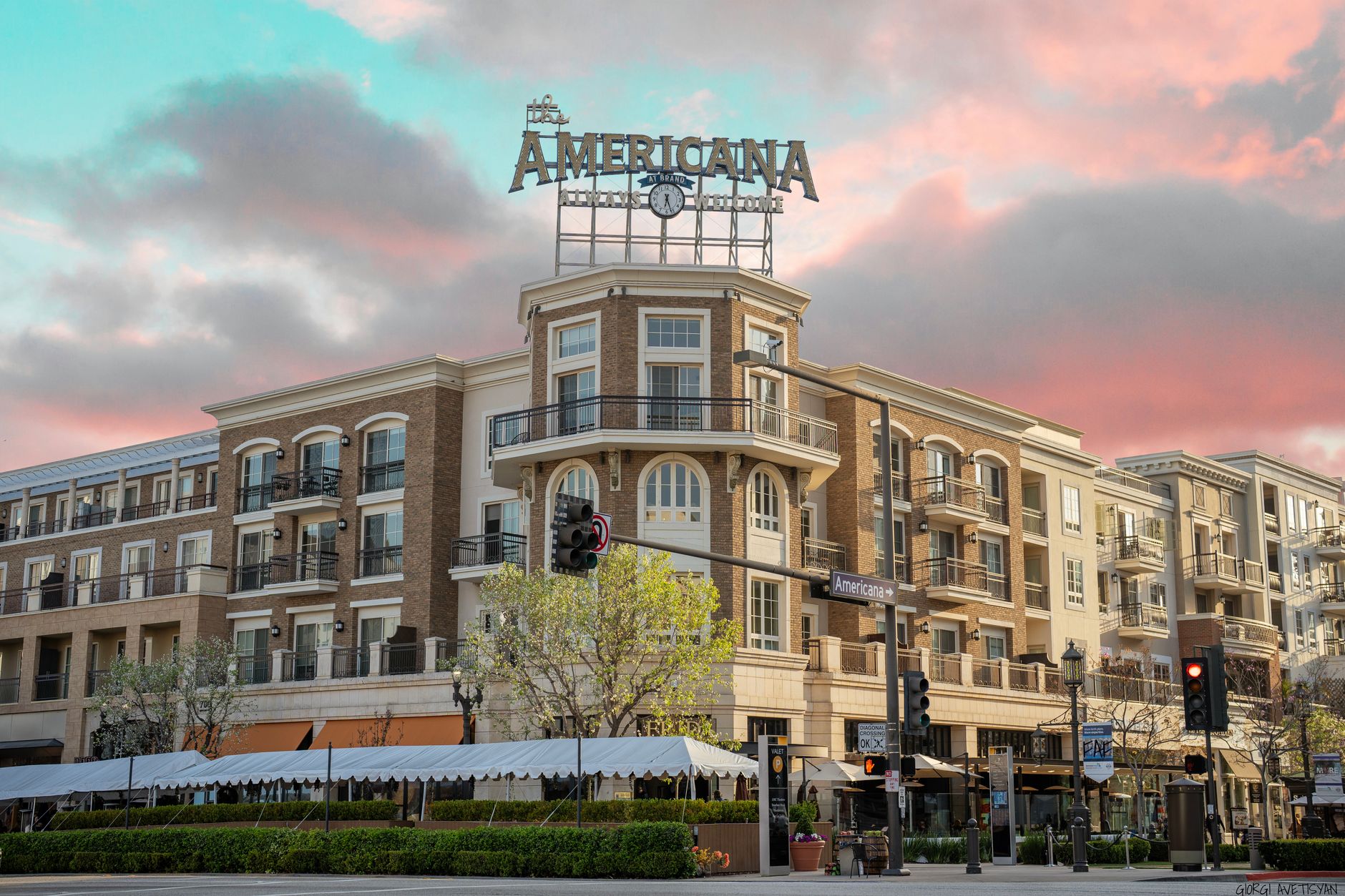Elegant facade of Americana at Brand in Glendale, Los Angeles at sunset.