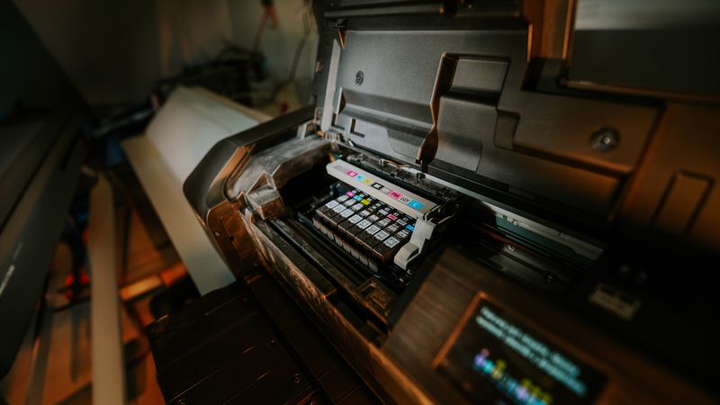 home inkjet printer on a desk printing a document next to a laptop