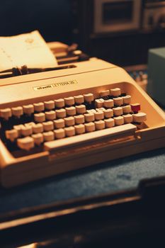 Close-up of an Olivetti Lettera 35 typewriter, showcasing its retro keys and classic design.