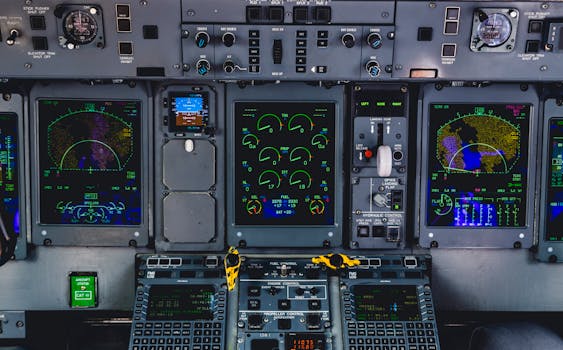 Detailed view of an aircraft cockpit control panel with various screens and controls.