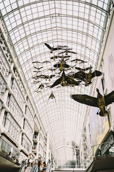 Large indoor mall with glass ceiling and bird sculptures, showcasing modern architecture and bustling activity.