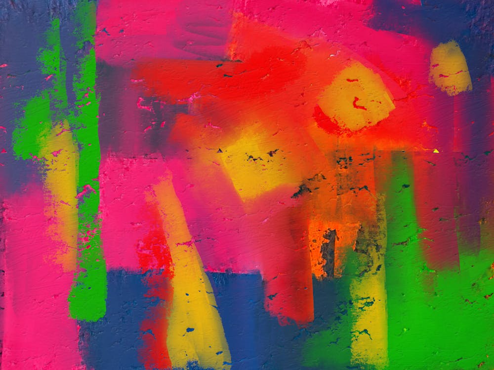 An abstract painting with bright colors and green, red and blue