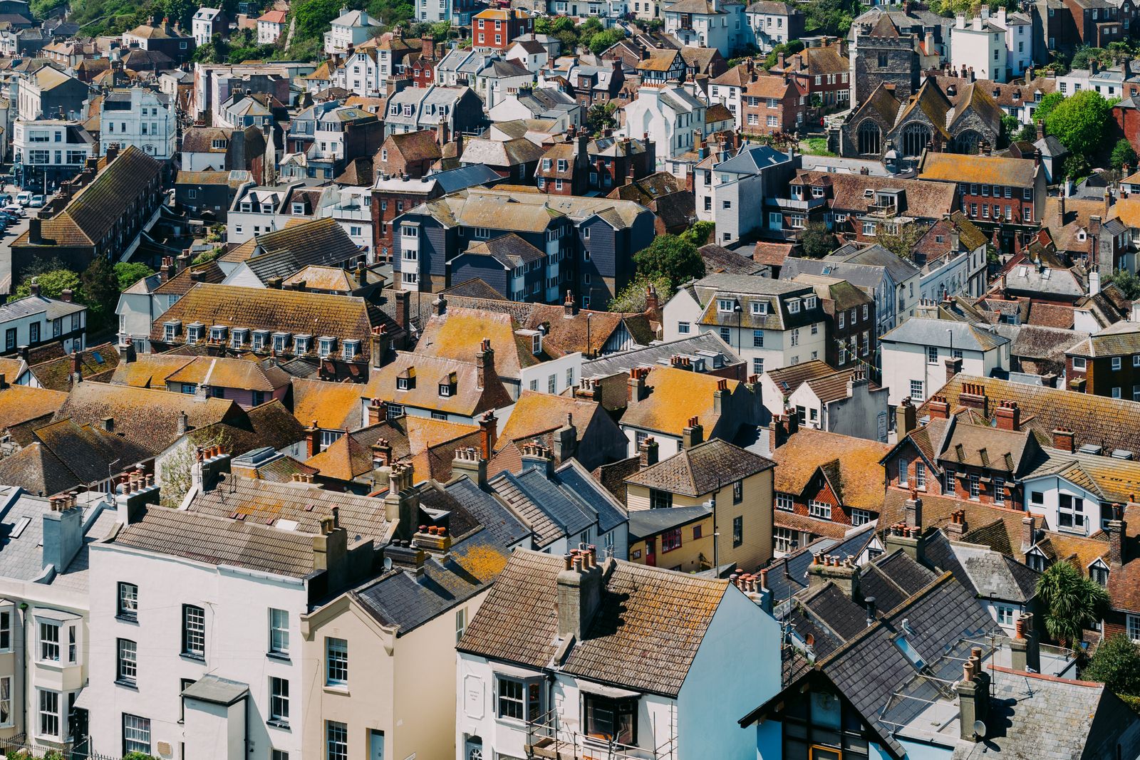 Aerial view of UK residential rooftops
