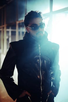 Portrait of a fashionable man in a black leather jacket and sunglasses, standing in moody lighting.