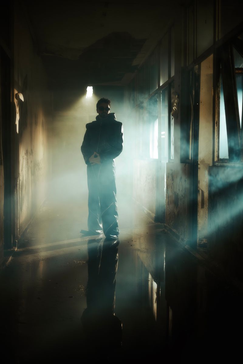 Intriguing silhouette of a man standing in a smoke-filled, dimly lit hallway creating a mysterious atmosphere.