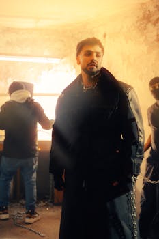 Moody portrait of a man in leather, chains draped over shoulders, in a dimly lit room with shadowy figures in the background.