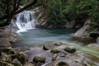 宁静的水池中，美丽的瀑布倾泻而下，四周环绕着郁郁葱葱的森林和岩石