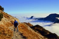 Man in Blue Jacket Walking on Pathway