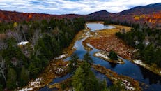 鸟瞰图令人惊叹，展示了一条宁静的河流蜿蜒穿过充满活力的秋季森林