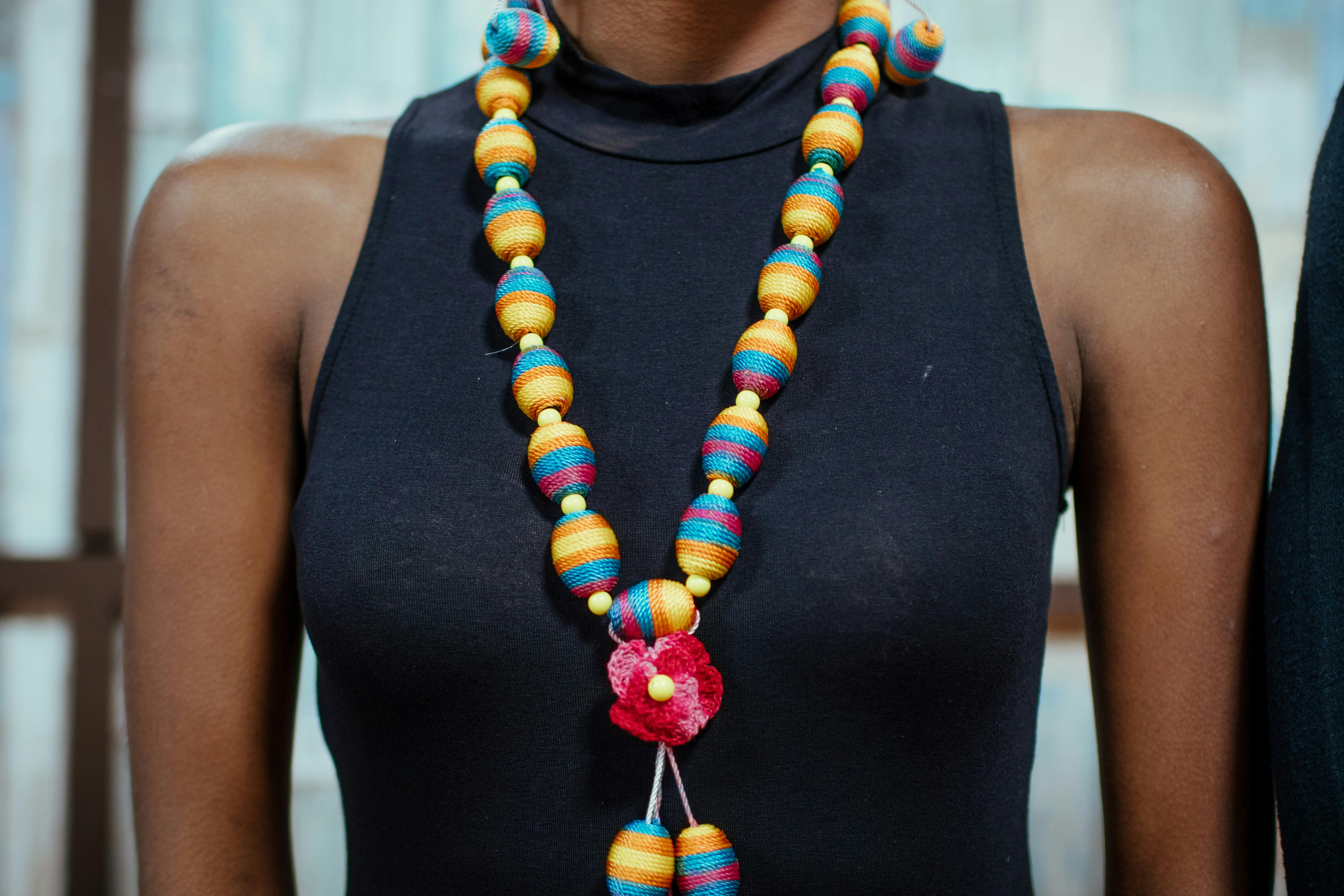 beaded yellow and blue necklace