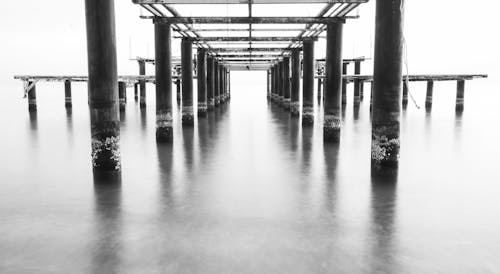 Grayscale Photography of Dock on Body of Water