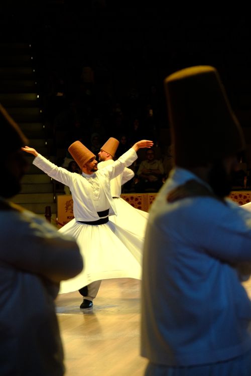 Free Men performing traditional Mevlevi Sufi dance with elegant spinning and spiritual expressions. Stock Photo