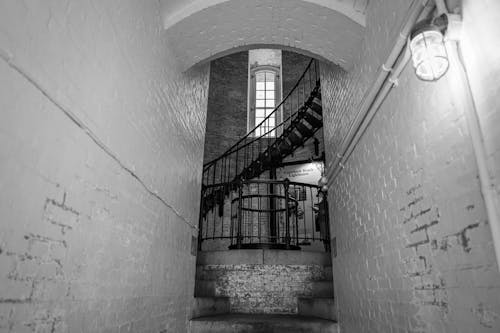 A black and white photo of a stairway