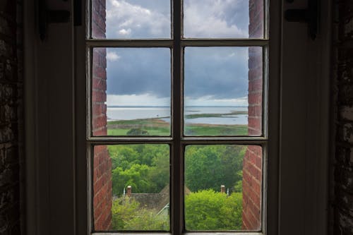 A window view of the ocean and trees