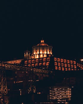 Stunning night view of illuminated Mosteiro da Serra do Pilar in Porto, Portugal.